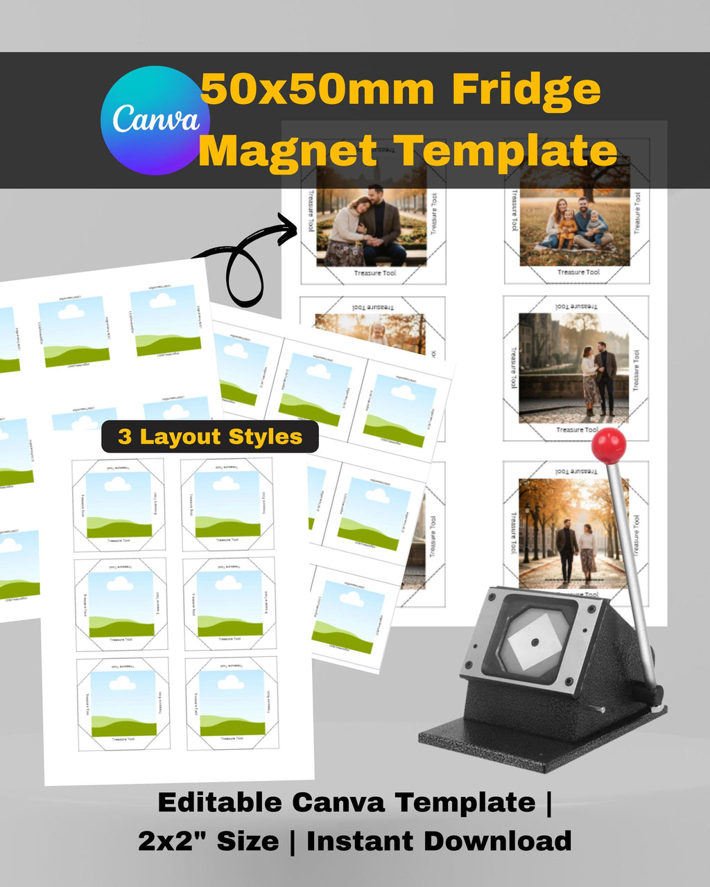 5x5cm (2x2") Square Fridge Magnet Canva Template |  Printable Design for Magnet Machine Users (Commercial Use)
