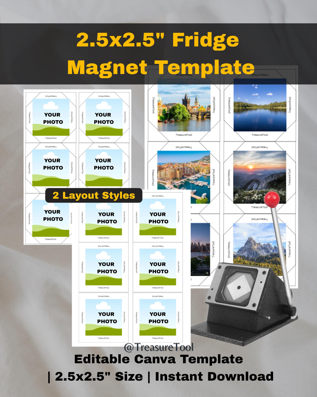 2.5x2.5" Square Fridge Magnet Canva Template | Editable Magnet Maker Template | Drag & Drop Photo | Blank DIY Magnet Machine Template | 63.5
