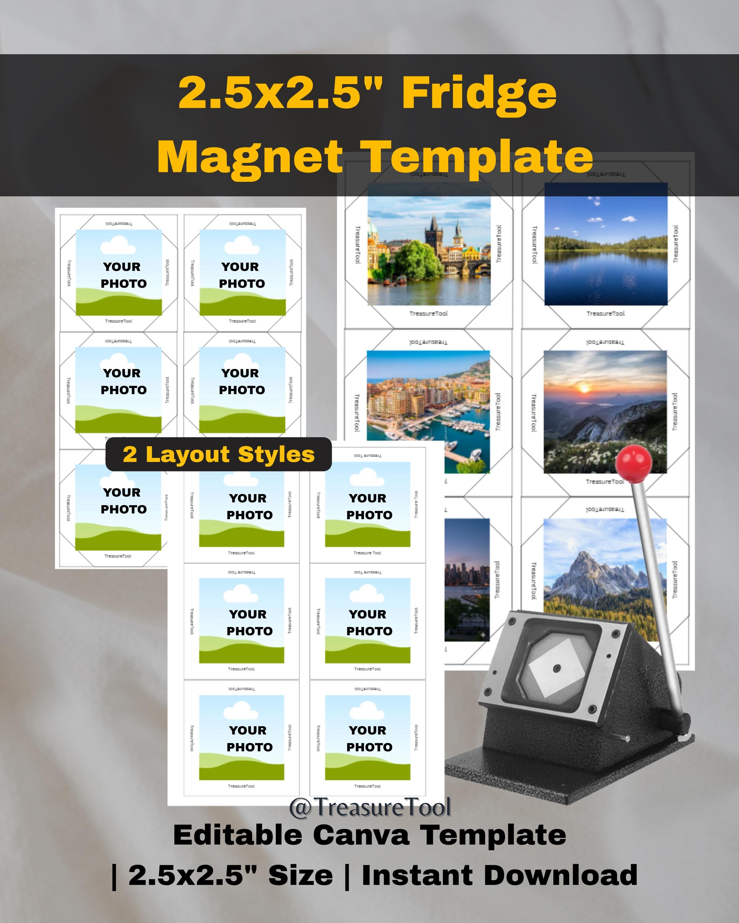 2.5x2.5" Square Fridge Magnet Canva Template | Editable Magnet Maker Template | Drag & Drop Photo | Blank DIY Magnet Machine Template | 63.5